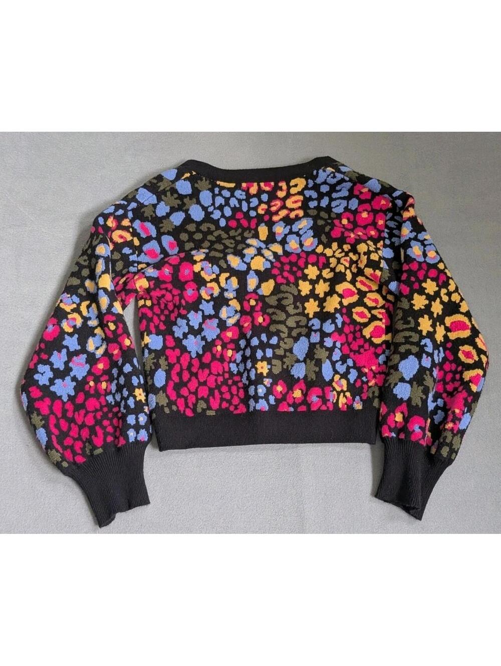 Willow & Wind Sweater Cardigan Womens S Black Colorful Leopard Balloon Sleeve - Picture 4 of 8